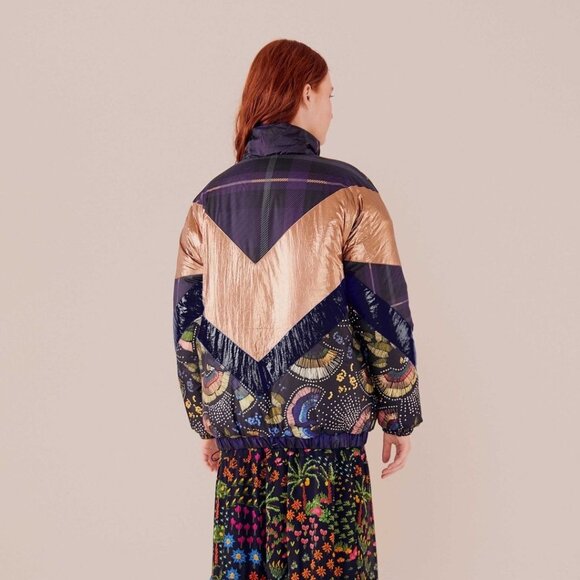 FARM RIO Puffer Jacket M Reversible Borogodo Metallic Floral Tropical Winter - Picture 3 of 15